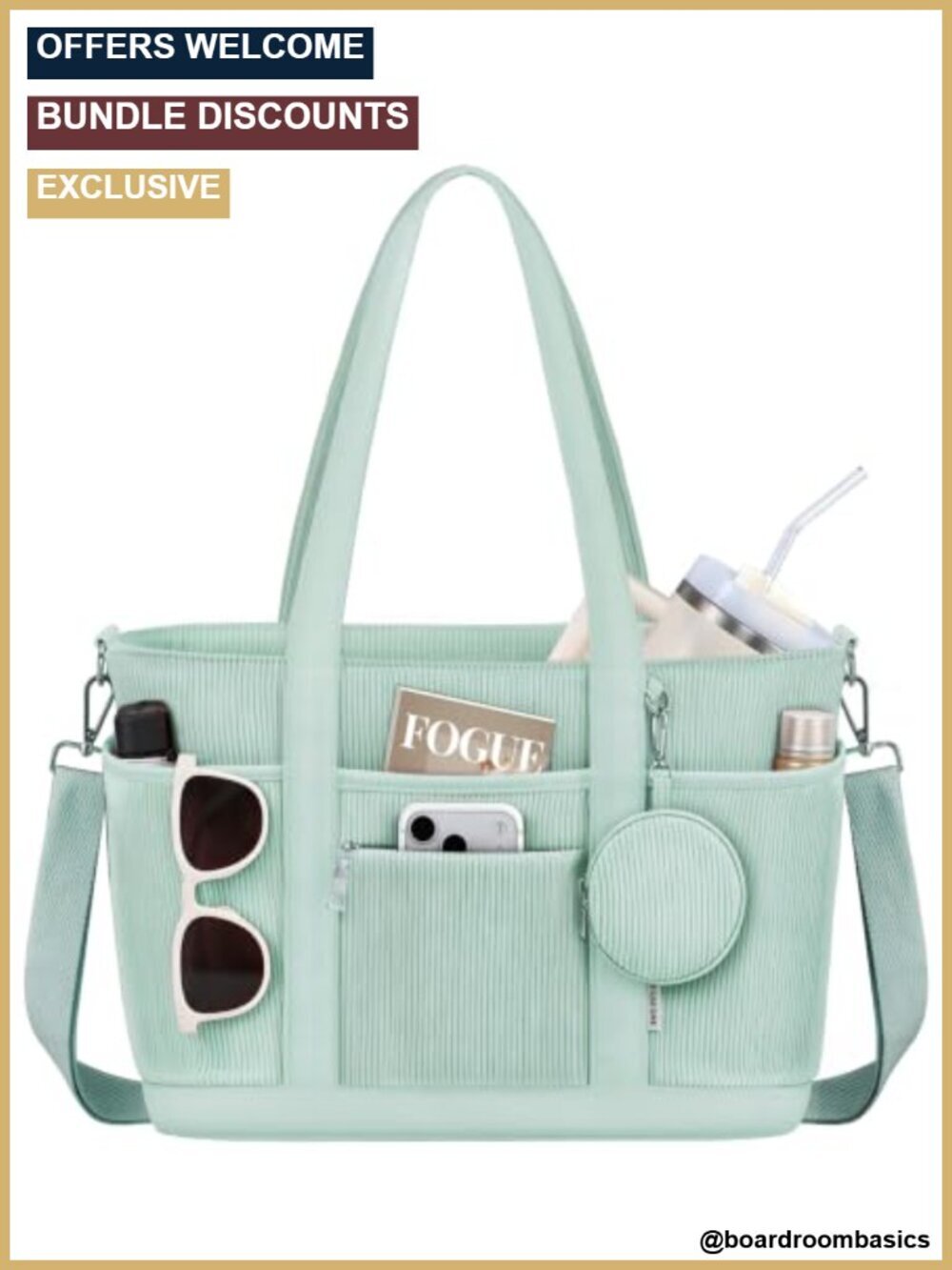 Corduroy Tote Bag with Laptop Compartment & Cup Holder, 16 Pockets, Work &